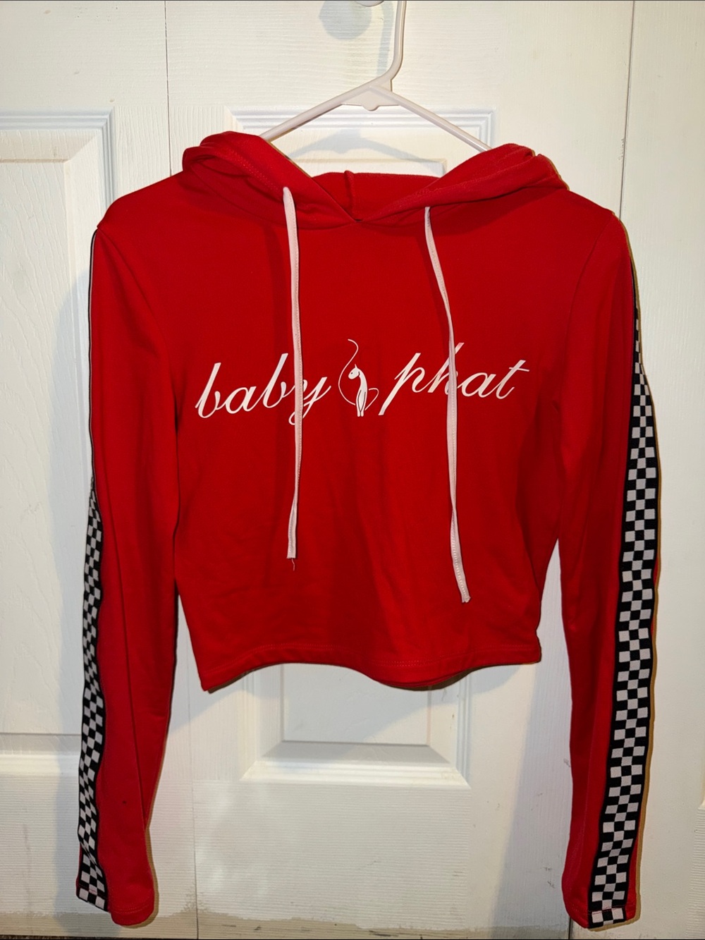Baby Phat Red Cropped Hoodie with Checkerboard Sleeve Stripes with leggings